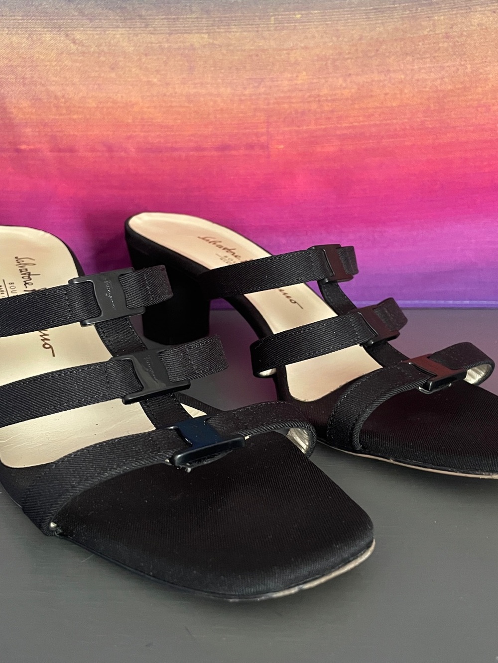 Salvatore Ferragamo Nepos Vintage Black Woven Canvas Mule Sandals Italy 10AA